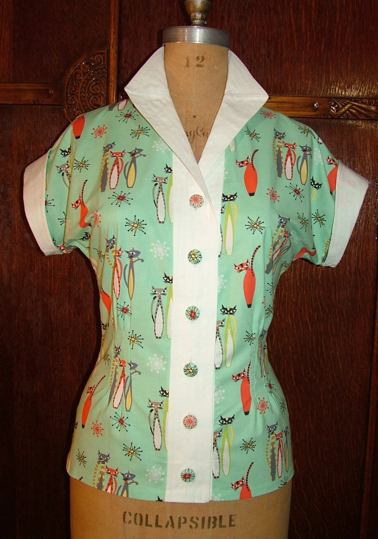 1950s Style Stand Up Collar Button Up Blouse Custom Made in Your Size From a Vintage Pattern 1952