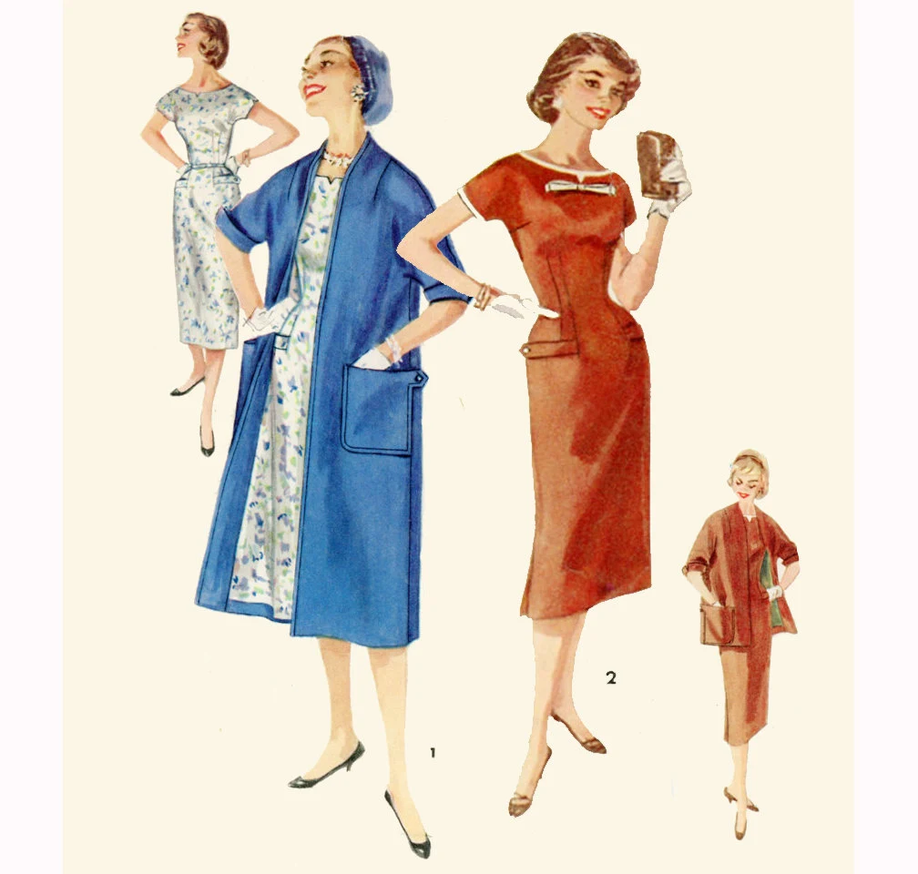 1950s Style Fitted Pencil Skirt Sheath Dress with Welt Pockets and Optional Overcoat Custom Made in Your Size From a Vintage Pattern 1955