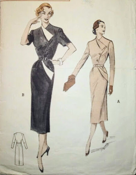 1950s Style Asymmertrical Pencil Dress with Contrast Collar and Pocket Custom Made in Your Size from a Vintage Pattern 1951