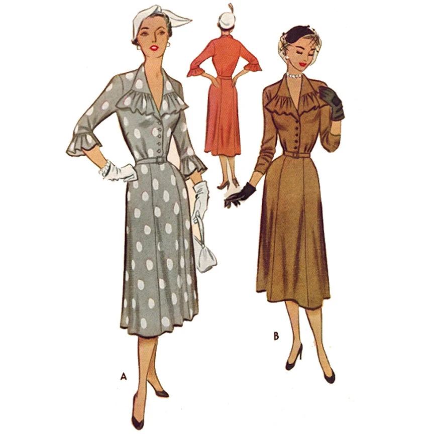 1950s Style Button Up Dress with Jabot Collar and Six Gore Skirt Custom Made in Your Size From a Vintage Pattern 1953