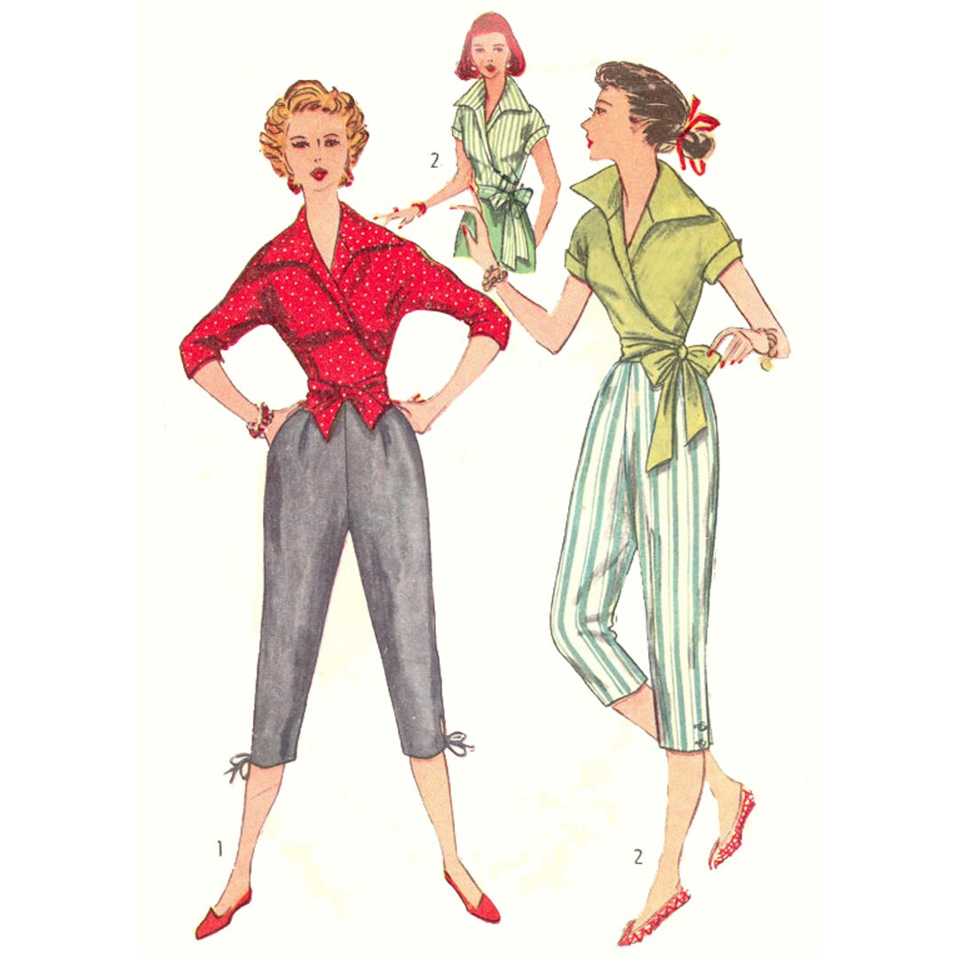 1950s Style Wing Collar Wrap Around Blouse and Capris Set Custom Made in Your Size From a Vintage Pattern 1953