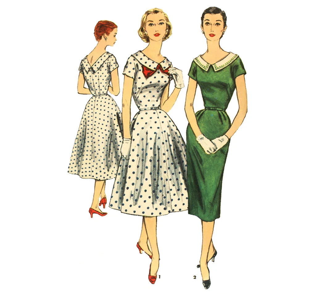 1950s Style Scoop Neck V Back Dress with Collar A-line or Pencil Skirt Custom Made in Your Size From a Vintage Pattern 1956