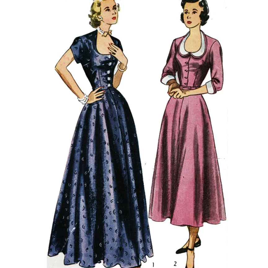 1950s Style Scoop Neck Dress with Collar and Long A-line Skirt Custom Made in Your Size From a Vintage Pattern 1949