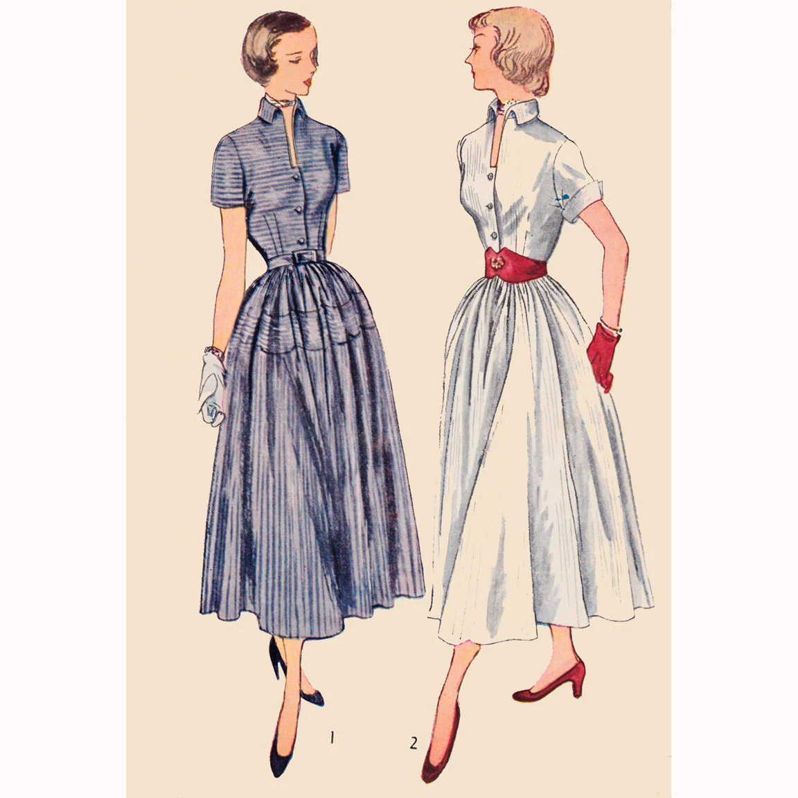 1950s Style Classic Shirt Dress with Plunging Neckline High Collar and Gathered Skirt Custom Made in Your Size From a Vintage Pattern 1951