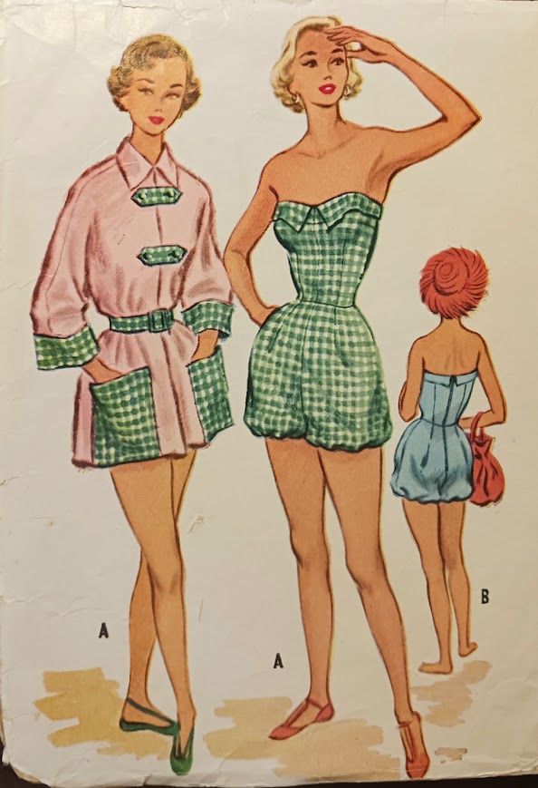 1950s Style Strapless Boned Swimsuit with Balloon/Gathered Shorts and Beach Coat Custom Made in Your Size from a Vintage Pattern 1953