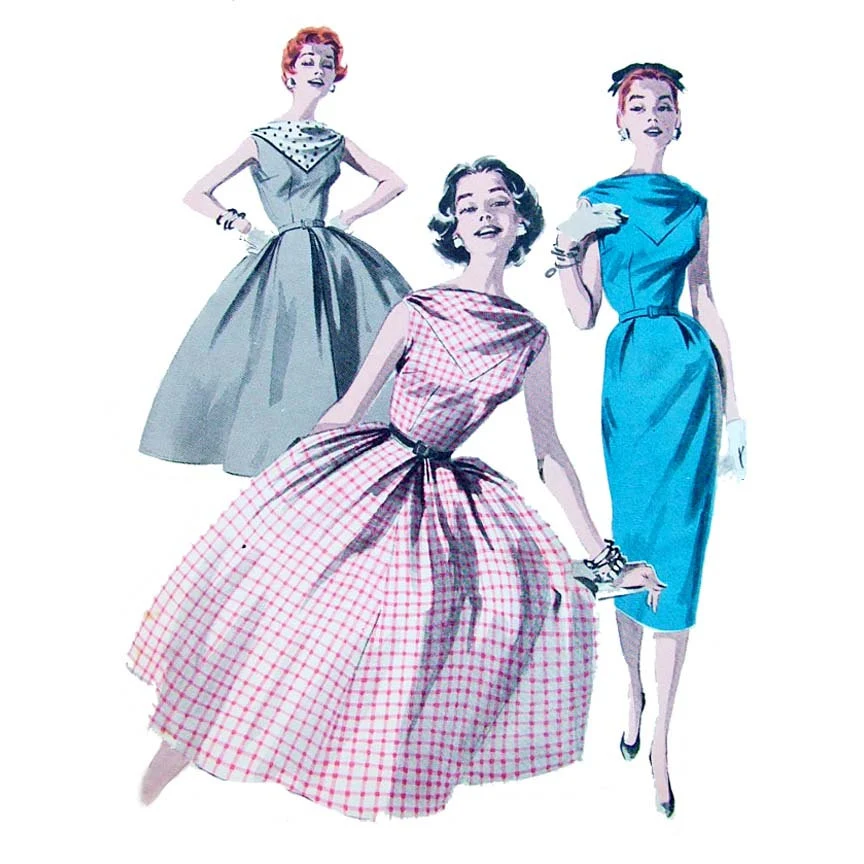 1950s Style Bateau Neck Sleeveless Dress with Full Skirt Custom Made in Your Size From a Vintage Pattern 1957