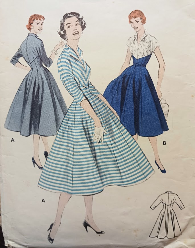 1950s Style Wing Collar Kimono Sleeve Dress with Raised Full Circle Skirt Custom Made in Your Size From a Vintage Pattern 1954