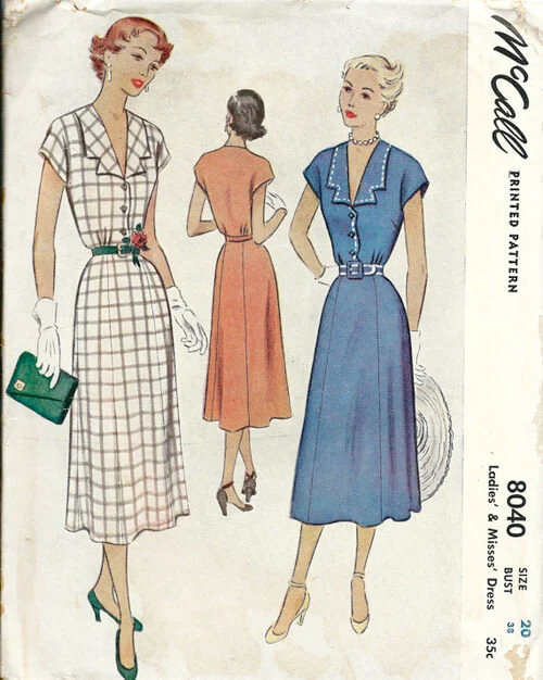 1950s Style Revere Collar Kimono Sleeve Dress with Six Gore Skirt Custom Made in Your Size from a Vintage Pattern 1950
