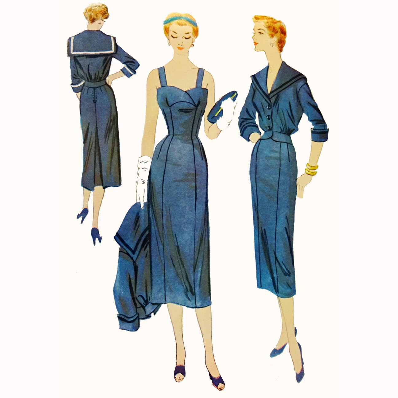 1950s Style Fitted Surplice Sheath Dress with Optional Sailor Collar Jacket Custom Made in Your Size From a Vintage Pattern 1954