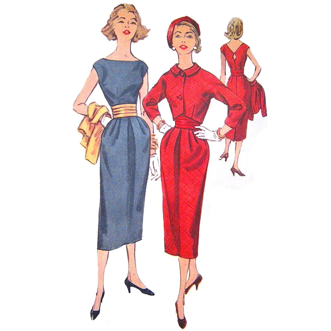 1950s Style Pencil Skirt Dress With Boat Neck Cummerbund Belt and Jacket Custom Made in Your Size From a Vintage Pattern 1957