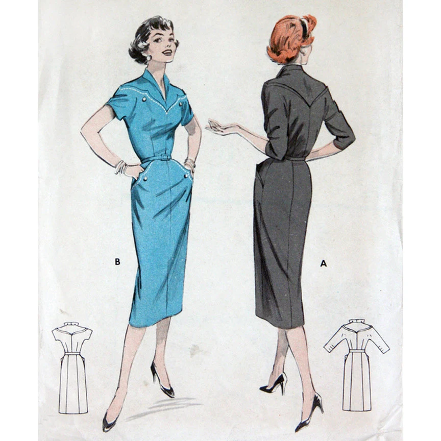1950s Style Western Wiggle Dress with Shaped Yoke and Embroidery Details Custom Made in Your Size from a Vintage Pattern 1954
