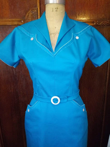 1950s Style Western Wiggle Dress with Shaped Yoke and Embroidery Details Custom Made in Your Size from a Vintage Pattern 1954