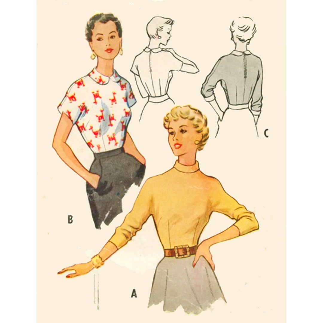 1950s Style Peter Pan Collar or Mock Neck Blouse Custom Made in Your Size From a Vintage Pattern 1953