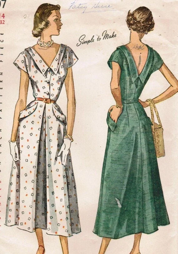 1950s Style deep V Neck Summer Dress Aline Skirt and Pockets Custom Made In Your Size From a Vintage Pattern 1949