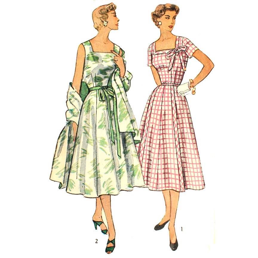 1950s Style Square Neck Dress With Full Eight Gore Skirt with Stole Custom Made in Your Size From a Vintage Pattern 1953