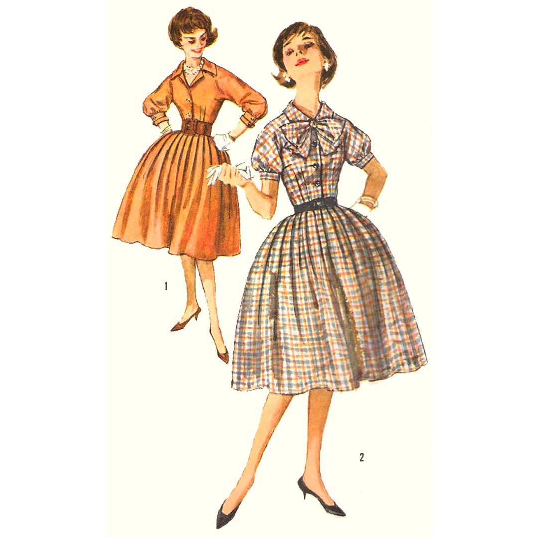1950s Style Classic Shirt Dress with Bow Collar Puffed Sleeves and Pleated Full Skirt Custom Made in Your Size From a Vintage Pattern 1959
