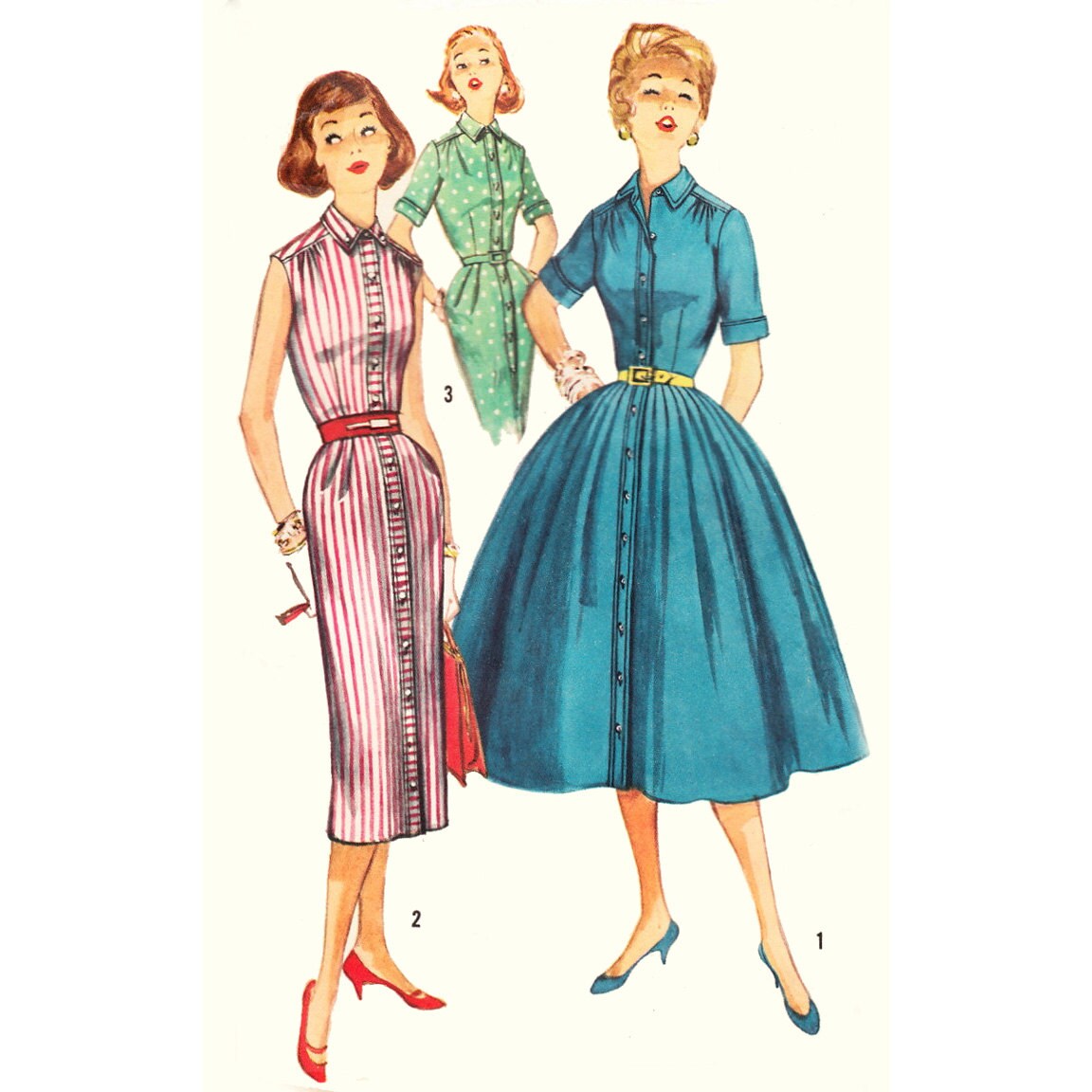 1950s Style Classic Button Up Shirt Dress with Pencil or Full Pleated Skirt Custom Made in Your Size From a Vintage Pattern 1957