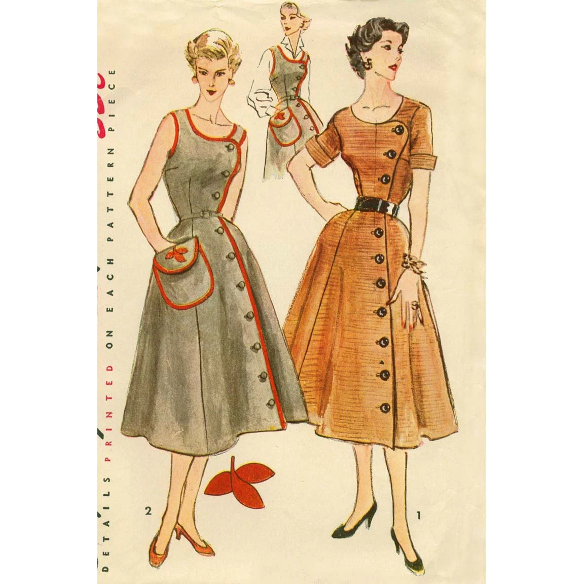 1950s Style Asymmetrical Button Up Dress with Contrast Piping Custom Made in Your Size From a Vintage Pattern 1952