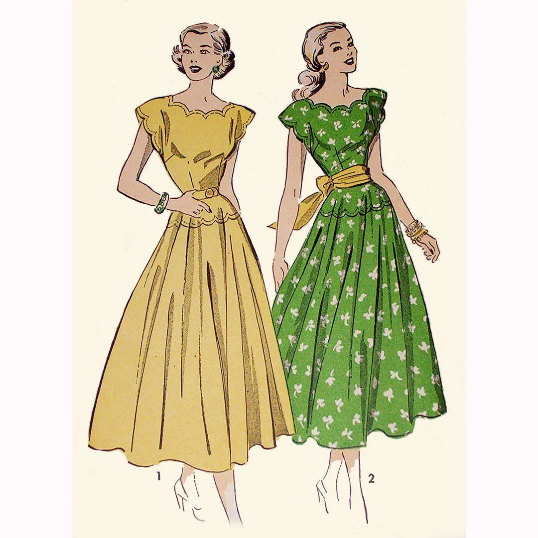 1940s Style Summer Dress with Scalloped Details and Full Circle Skirt Custom Made In Your Size From a Vintage Pattern 1948