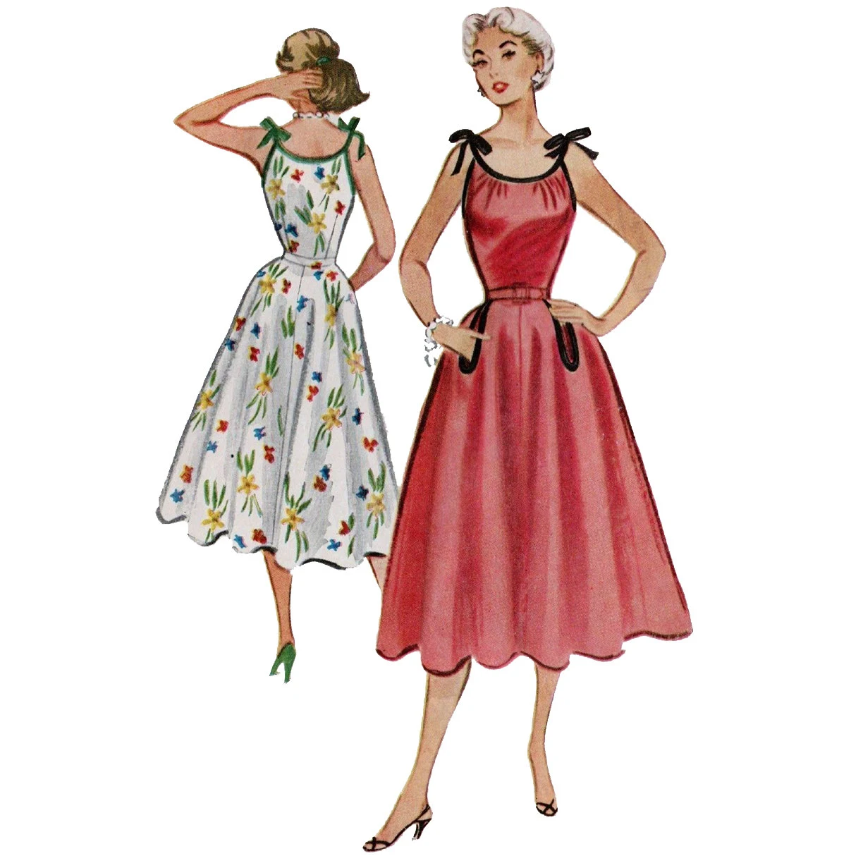 1950s Style Cute Summer Dress With Tie Shoulders and Dutch Pockets Full Skirt Custom Made In Your Size From a Vintage Pattern 1953