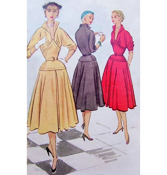 1950s Style Vampy Deep Plunge Neckline Wing Collar Circle Skirt Dress Custom Made In Your Size From a Vintage Pattern 1952