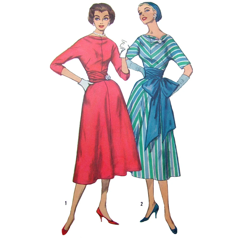 1950s Style Cowl Boat Neck Long Sleeve A-Line Dress with Cummerbund Custom Made in Your Size From a Vintage Pattern 1956