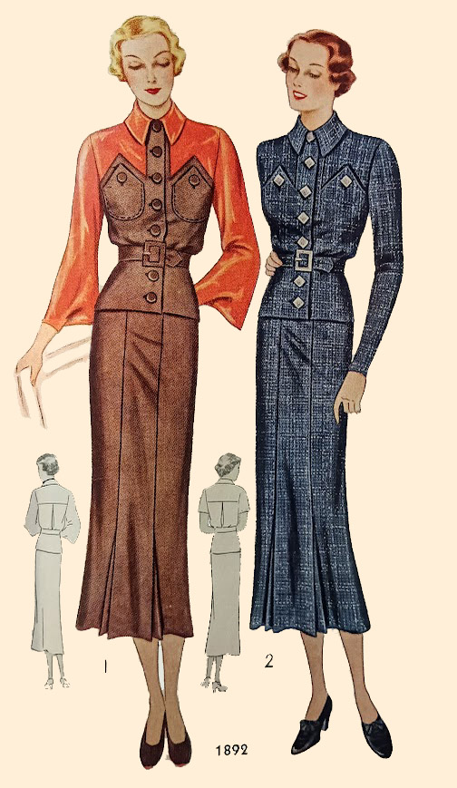1930s Style 2pc Button Up Color Block Blouse and Slim Skirt Set Custom Made in Your Size From a Vintage Pattern 1935