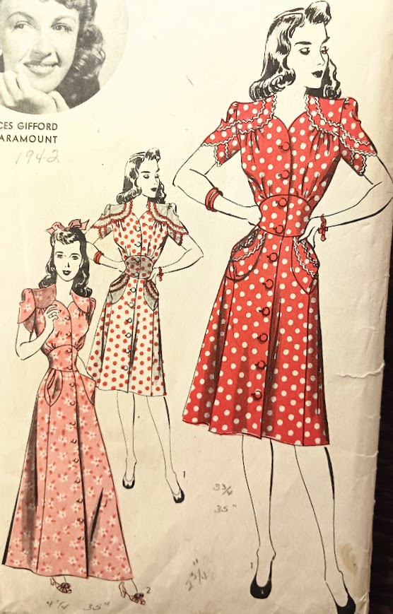 1940s Style Petal Sleeve Gathered Bust Button Up House or Hostess Dress Custom Made in Your Size From Vintage Pattern 1942