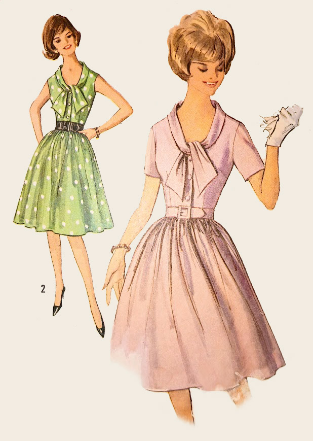 1960s Style Rounded Plunge Tie Collar Dress with Gathered Full Skirt Custom Made in Your Size From a Vintage Pattern 1963
