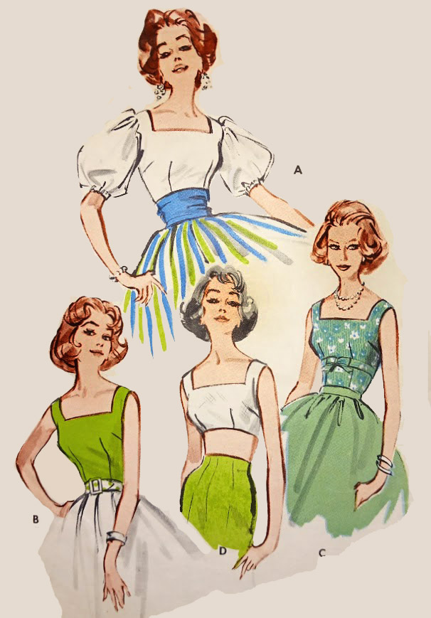 1950s Style Square Neck Shell Bodice Blouse with Optional Puffed Sleeves Custom Made in Your Size From a Vintage Pattern 1959