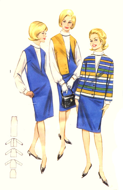 1960s MOD Style Set, Deep V Neck Jumper Dress, Mock Neck Blouse or Cardigan Blouse Custom Made in Your Size From a Vintage Pattern 1964