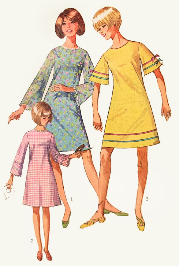 1960s Style MOD Shift Mini Dress with Bell Sleeves Custom Made in Your Size From a Vintage Pattern 1967