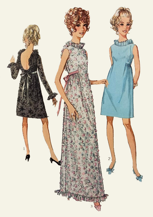 1960s Style Empire Dress with Ruffle Neck and Low Scoop Back Custom Made in Your Size From a Vintage Pattern 1968