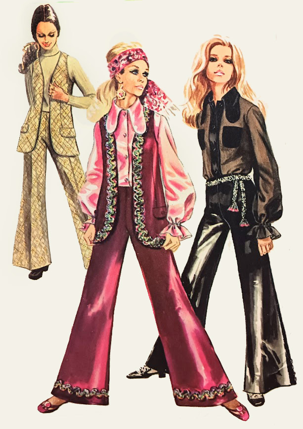 1960s Style 3pc Button Up Blouse with Funky Collar, Vest and Bell Bottom Pants Trousers Custom Made in Your Size From a Vintage Pattern 1969