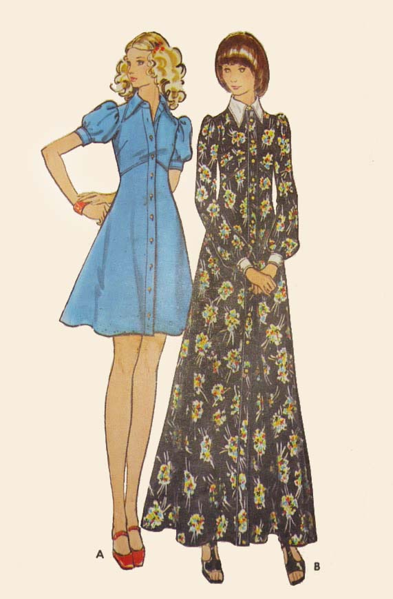 1970s Style Button Up Daggar Collar Dress with Puffed Sleeves Custom Made in Your Size From a Vintage Pattern 1972