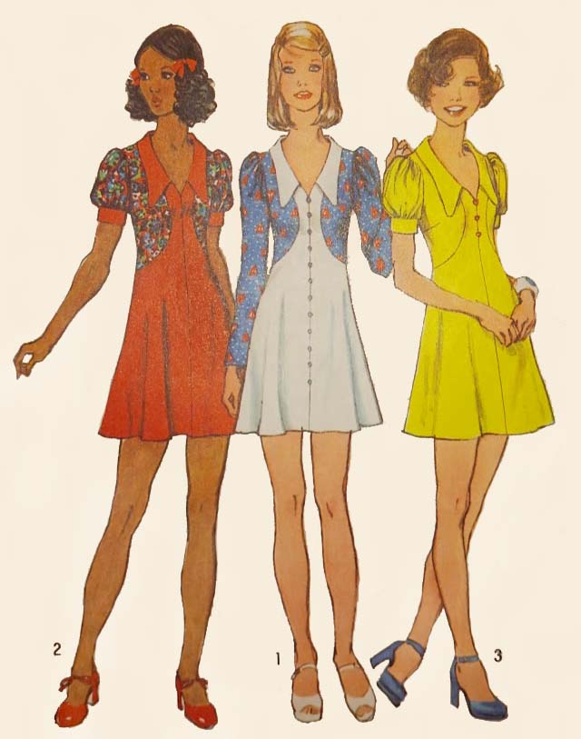 1970s Style Wide V Neck Puffed Sleeve Mini Dress Custom Made in Your Size From a Vintage Pattern 1973