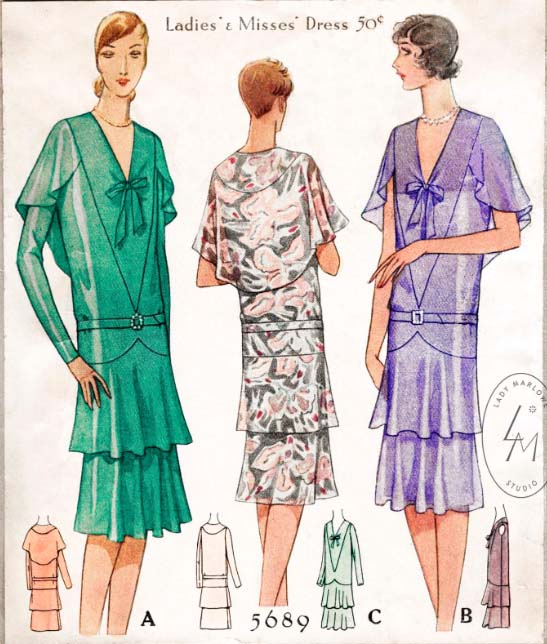 1920s Style V Neck Dress with Bertha Collar Cape and Ruffles Custom Made in Your Size From a Vintage Pattern 1929