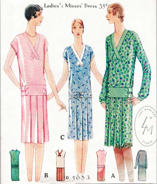 1920s Style V Neck Dress with Crossover Bands and Pleated Skirt Custom Made in Your Size From a Vintage Pattern 1929