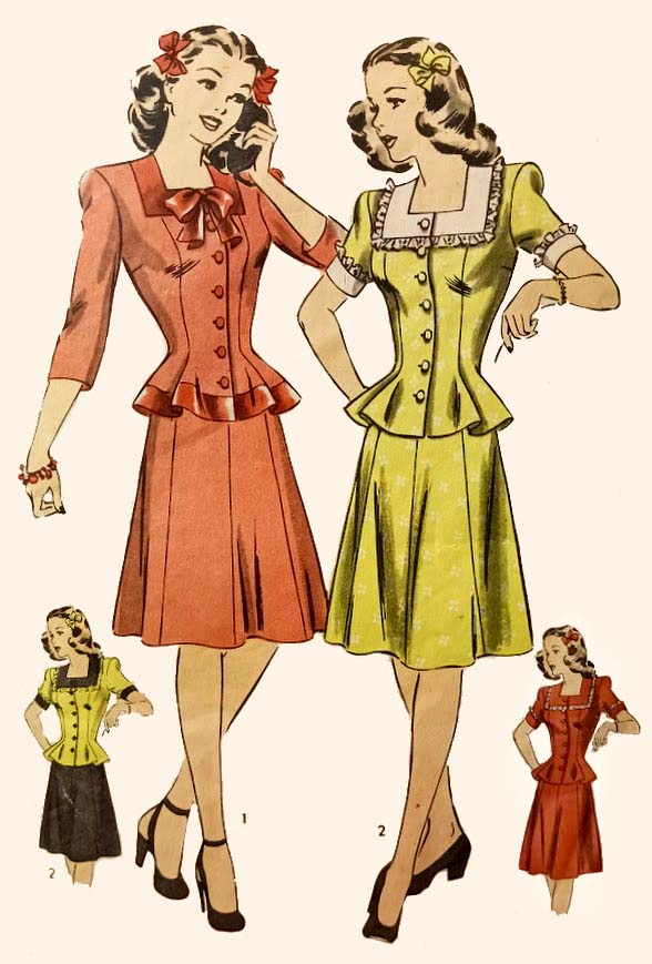 1940s Style 2pc Square Neck Button Up Blouse and Skirt Set Custom Made in Your Size From a Vintage Pattern 1944