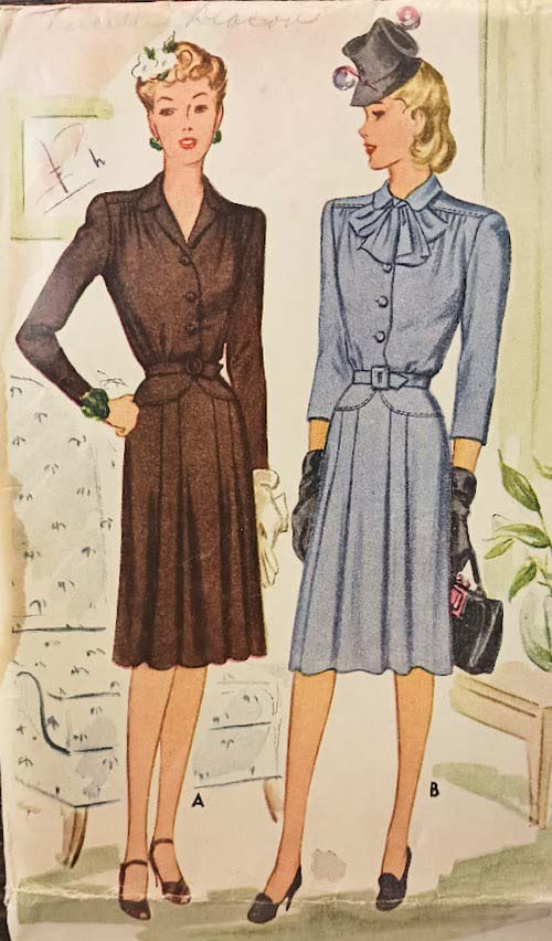 1940s Style Button Up Pussybow Shirt Dress with Pleated Skirt Custom Made in Your Size From a Vintage Pattern 1943