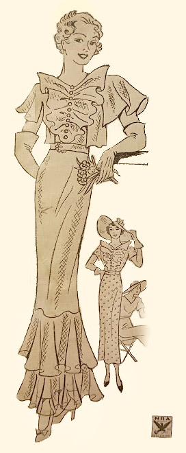 1930s Style Fishtail Mermaid Dress with Ruffled Jabot and Optional Jacket Custom Made in Your Size From a Vintage Pattern 1934