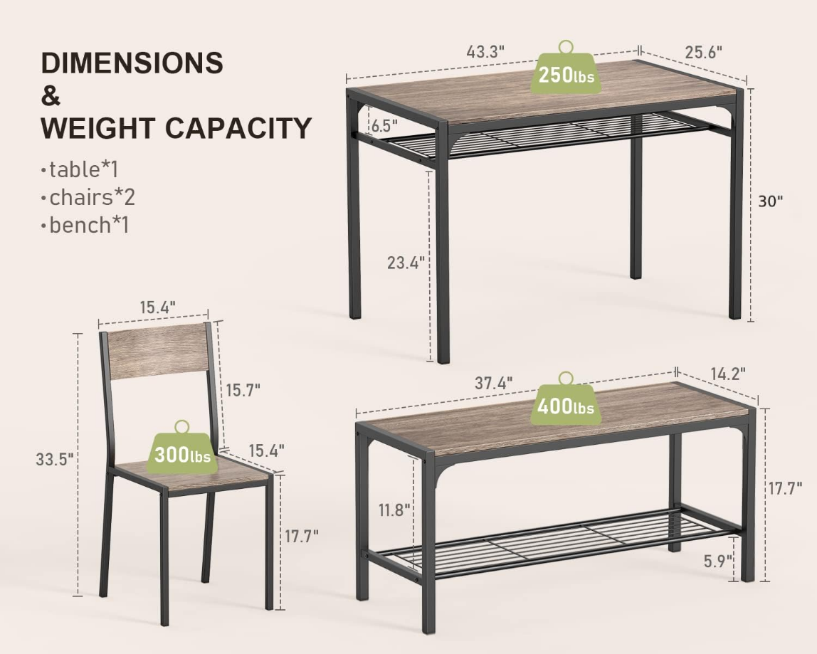 Kitchen Table and 2 Chairs for 4 with Bench, 4 Piece Dining Table Set for Small Space, Apartment