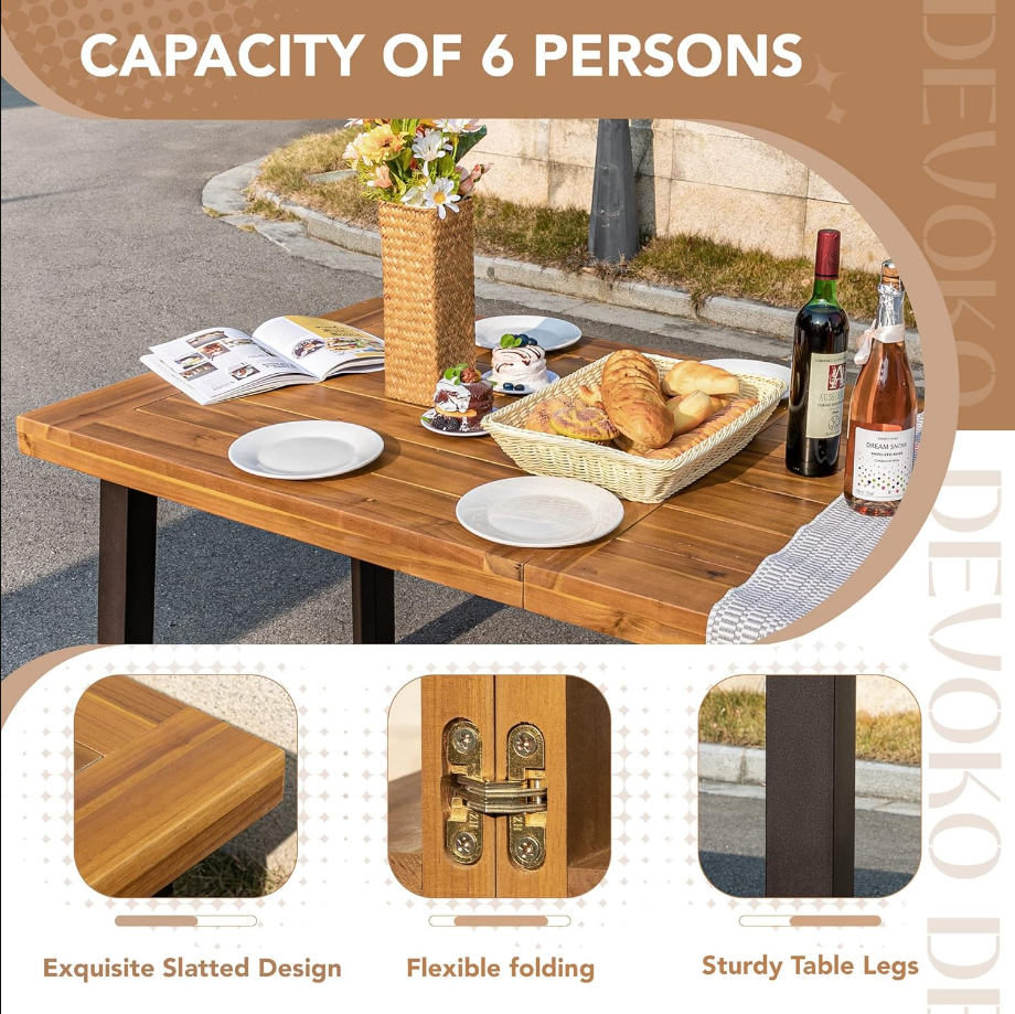 Home Acacia Wood Dining Table 6-Person Indoor Table with Iron Legs, Sandblast Finish, Natural Stained, Rustic Metal, 69 * 33 * 30 inch