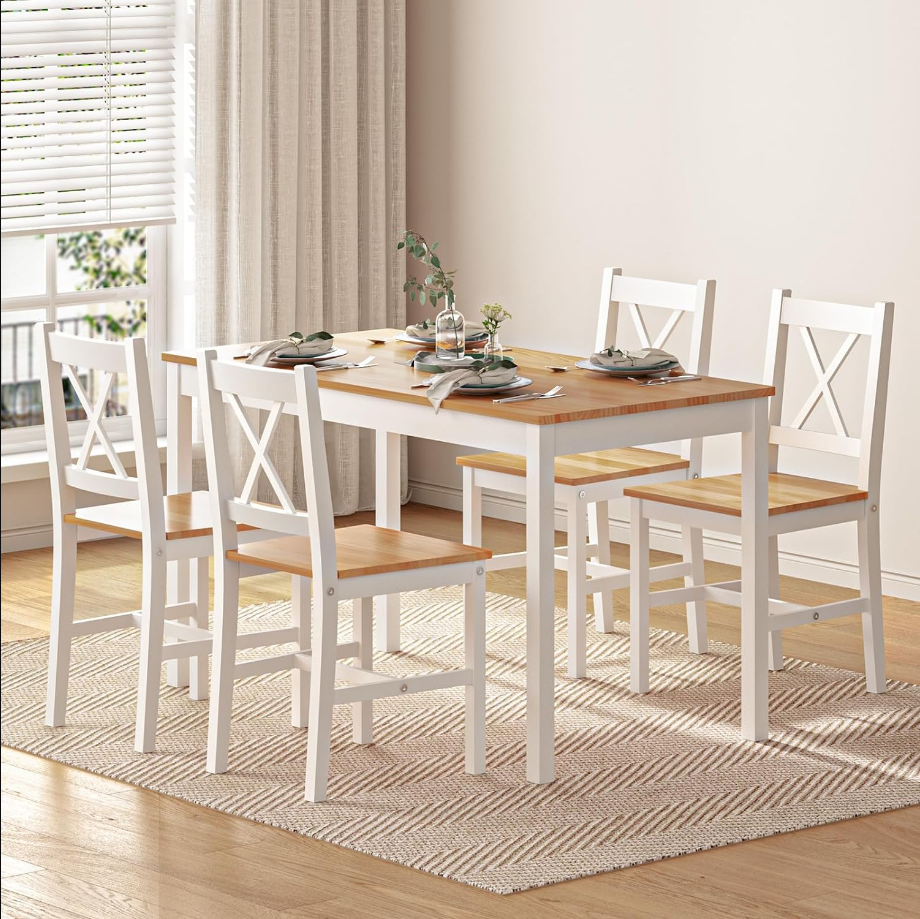 4-Person Dining Table Set 5 Pieces, Wood Kitchen Table Set with 4 Chairs for Kitchen Dining Room Restaurant, White&Oak