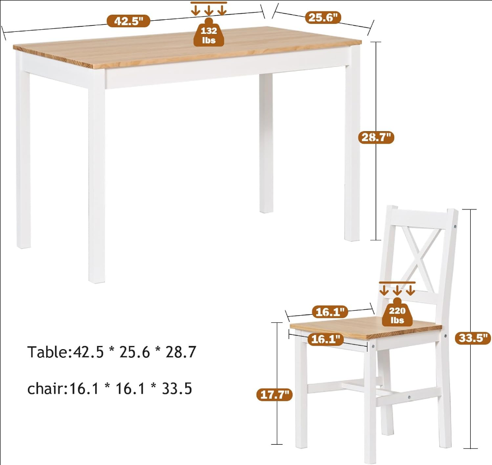 4-Person Dining Table Set 5 Pieces, Wood Kitchen Table Set with 4 Chairs for Kitchen Dining Room Restaurant, White&Oak