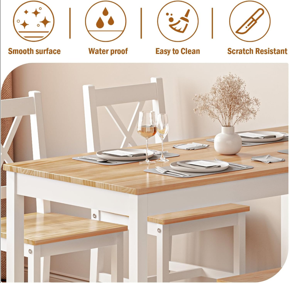 4-Person Dining Table Set 5 Pieces, Wood Kitchen Table Set with 4 Chairs for Kitchen Dining Room Restaurant, White&Oak