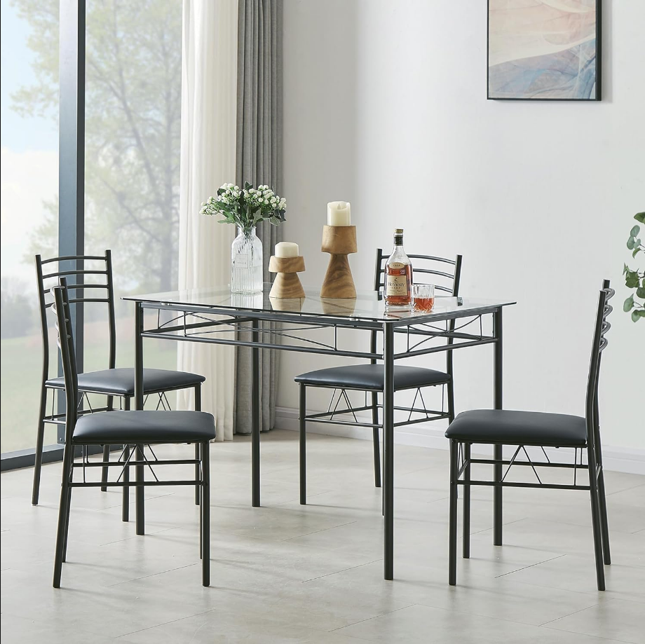 Kitchen Dining Room Table and Chairs [4 Placemats Included] 5-Piece Dinette Sets, Space Saving, Matte Black