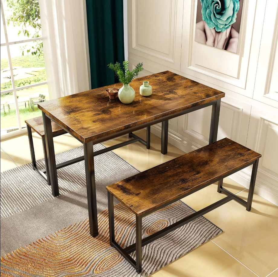 Dining Room Table Set, Kitchen Table Set with 2 Benches, Ideal for Home, Kitchen and Dining Room, Breakfast Table of 43.3x23.6x28.5 inches, Benches of 38.5x11.8x17.5 inches, Rustic Brown