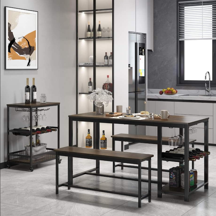 3-Piece Dining Table Set, Rustic Wood Kitchen Dinner Table with Benches for 4, Breakfast Nook Table with Wine Rack and Glass Holder, Dark Brown