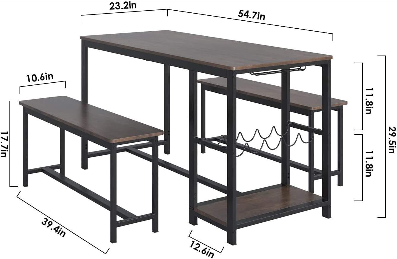 3-Piece Dining Table Set, Rustic Wood Kitchen Dinner Table with Benches for 4, Breakfast Nook Table with Wine Rack and Glass Holder, Dark Brown